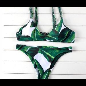 Zaful Jungle Leaf - green and white Swimsuit